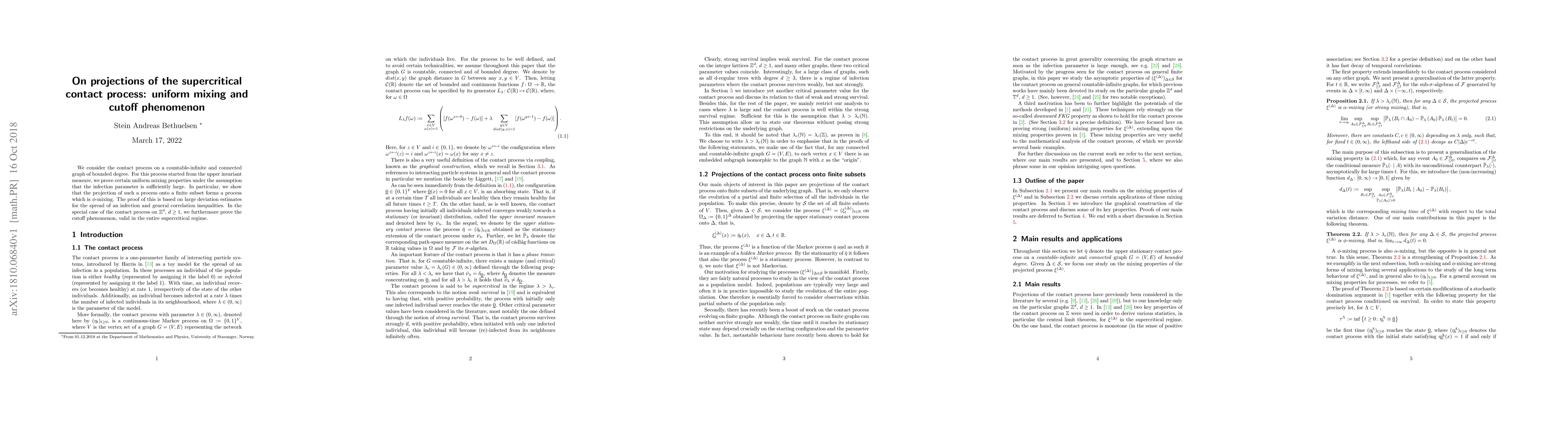 Thumbnail for On projections of the supercritical contact process: uniform mixing and
  cutoff phenomenon