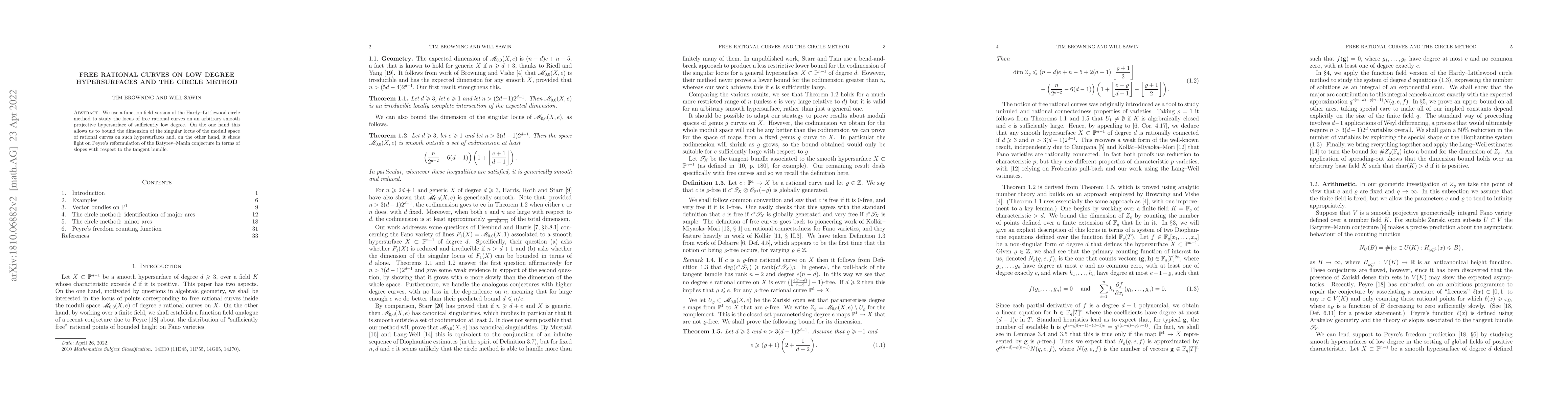 Thumbnail for Free rational curves on low degree hypersurfaces and the circle method