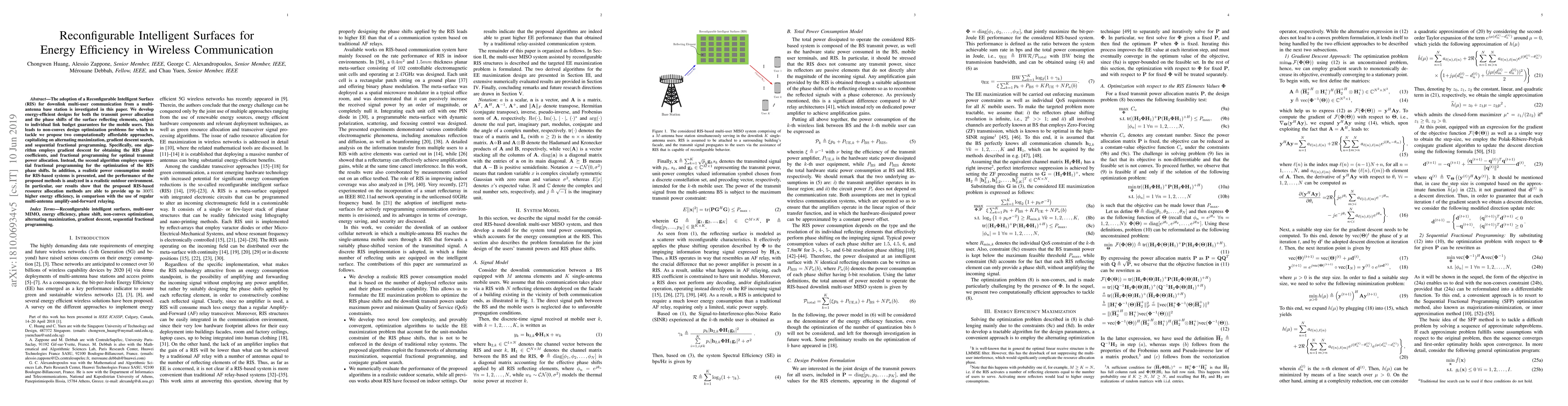 Thumbnail for Reconfigurable Intelligent Surfaces for Energy Efficiency in Wireless
  Communication