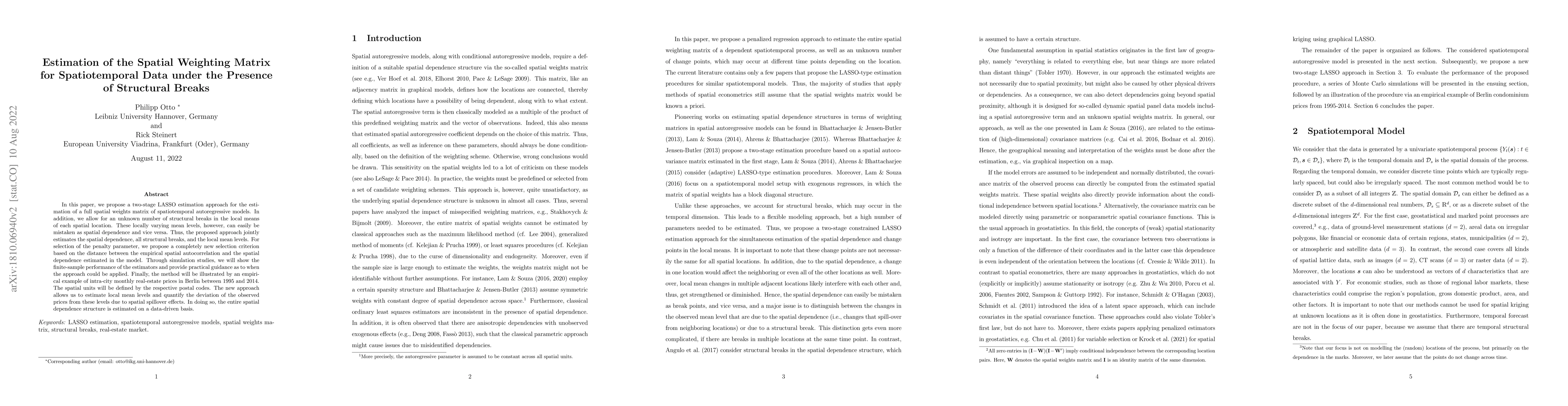 Thumbnail for Estimation of the Spatial Weighting Matrix for Spatiotemporal Data under
  the Presence of Structural Breaks