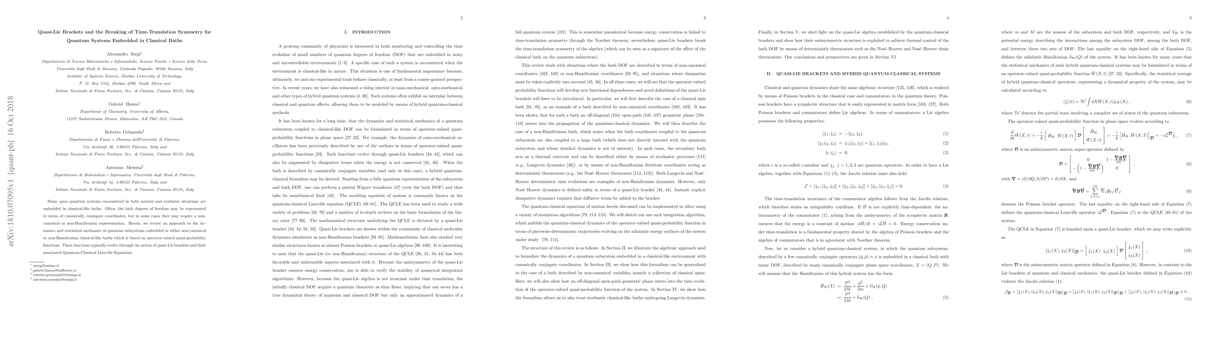 Thumbnail for Quasi-Lie Brackets and the Breaking of Time-Translation Symmetry for
  Quantum Systems Embedded in Classical Baths