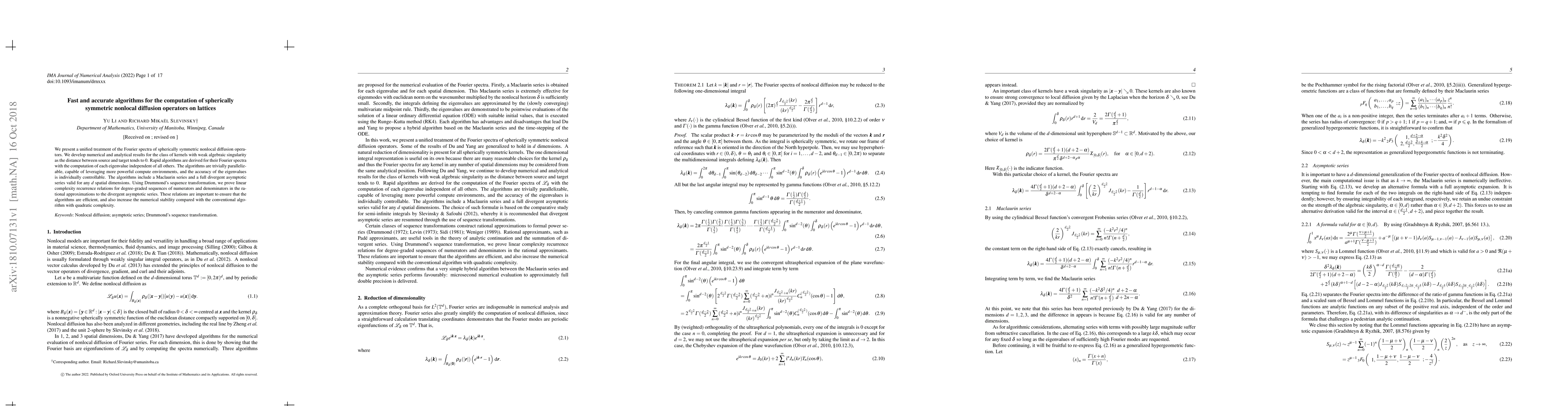 Thumbnail for Fast and accurate algorithms for the computation of spherically
  symmetric nonlocal diffusion operators on lattices