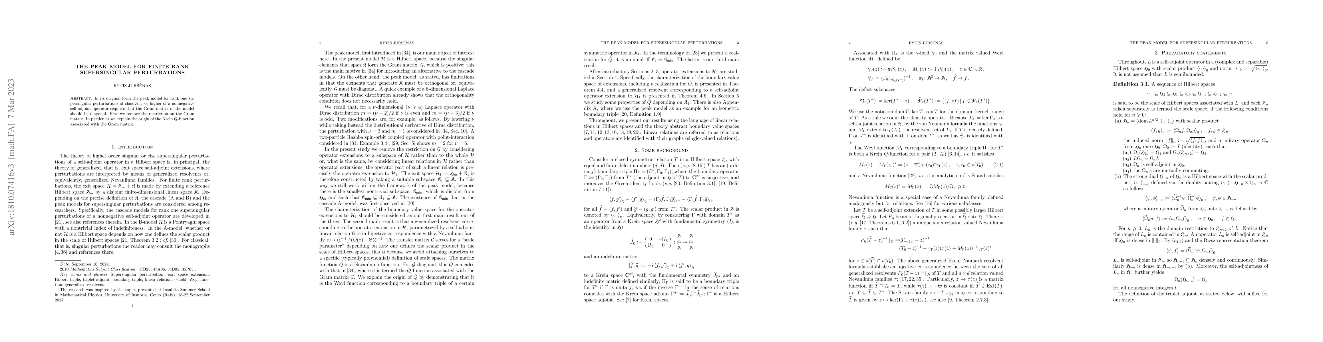 Thumbnail for The peak model for finite rank supersingular perturbations