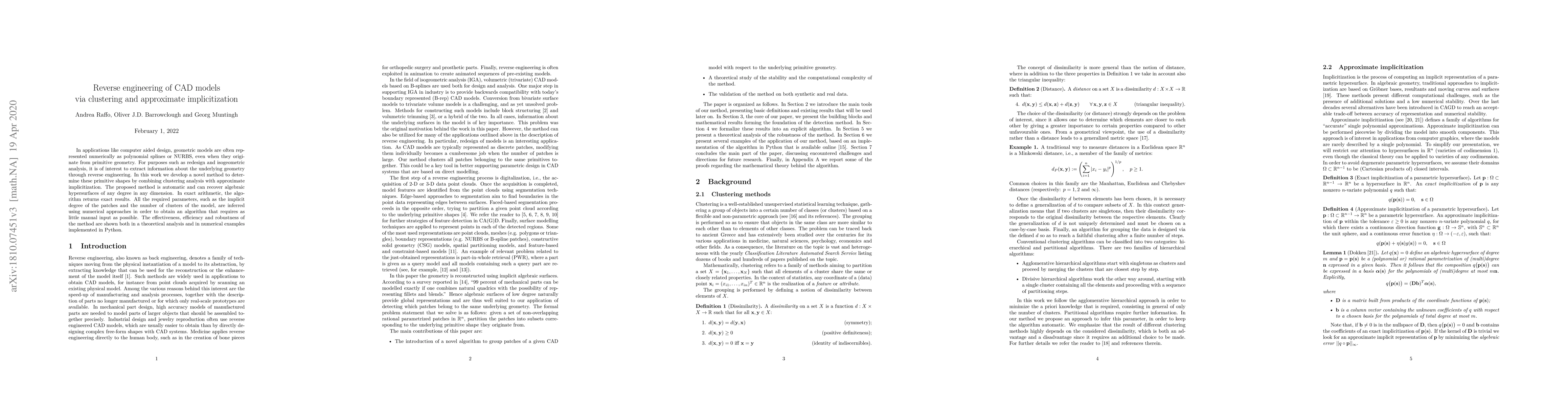 Thumbnail for Reverse engineering of CAD models via clustering and approximate
  implicitization