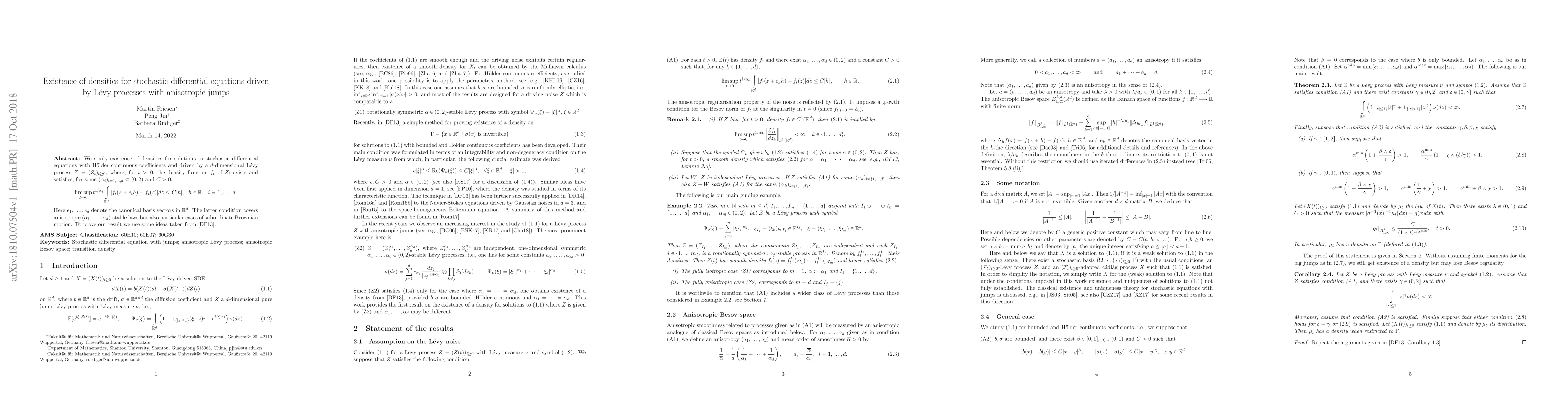 Thumbnail for Existence of densities for stochastic differential equations driven by
  L\'evy processes with anisotropic jumps
