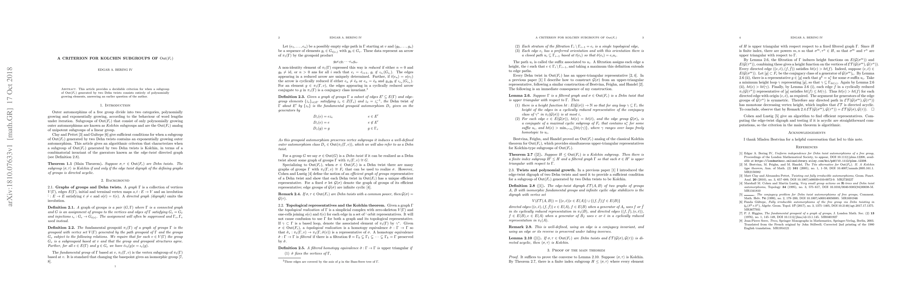 Thumbnail for A Criterion For Kolchin Subgroups Of Out(Fr)