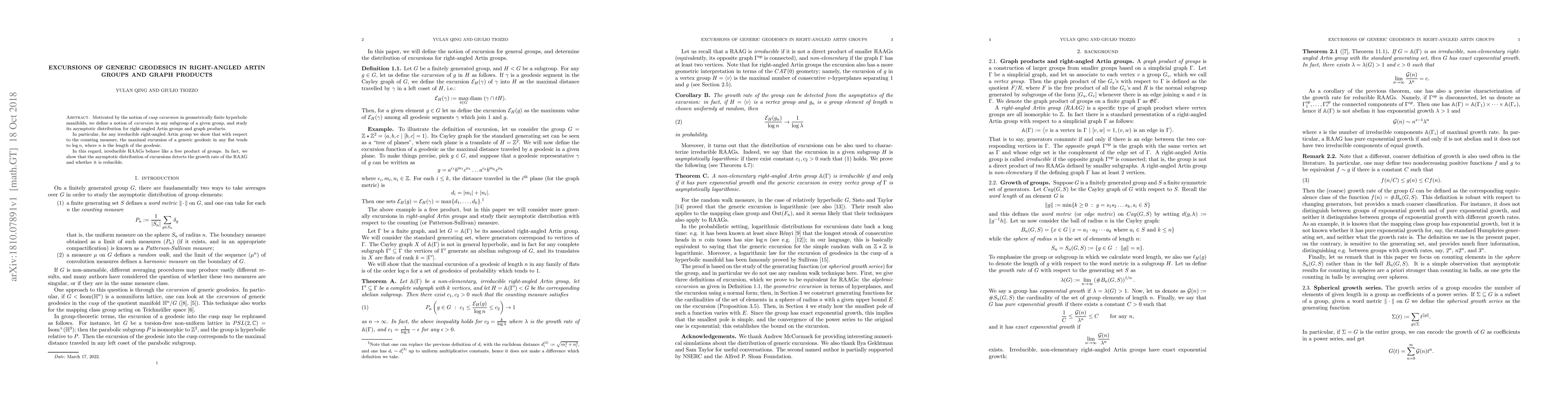 Thumbnail for Excursions of generic geodesics in right-angled Artin groups and graph
  products