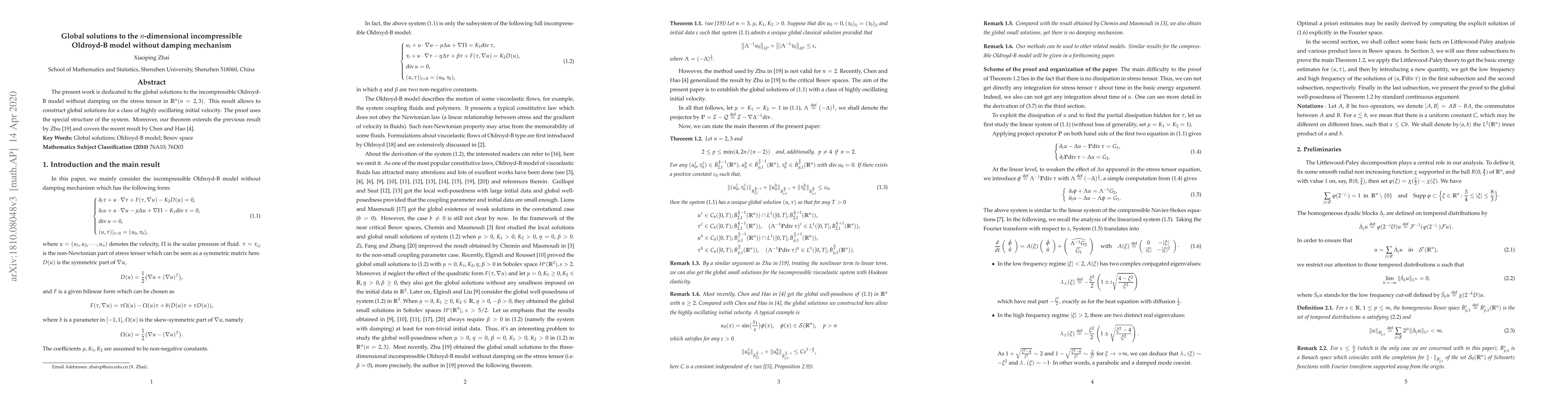 Thumbnail for Global solutions to the $n$-dimensional incompressible Oldroyd-B model
  without damping mechanism