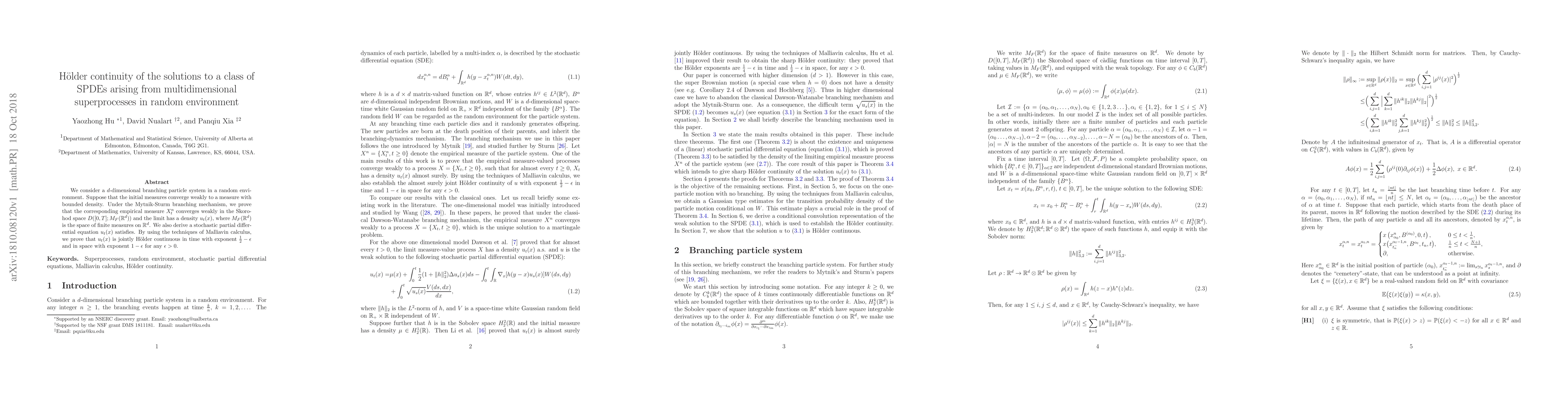 Thumbnail for H\"{o}lder continuity of the solutions to a class of SPDEs arising from
  multidimensional superprocesses in random environment