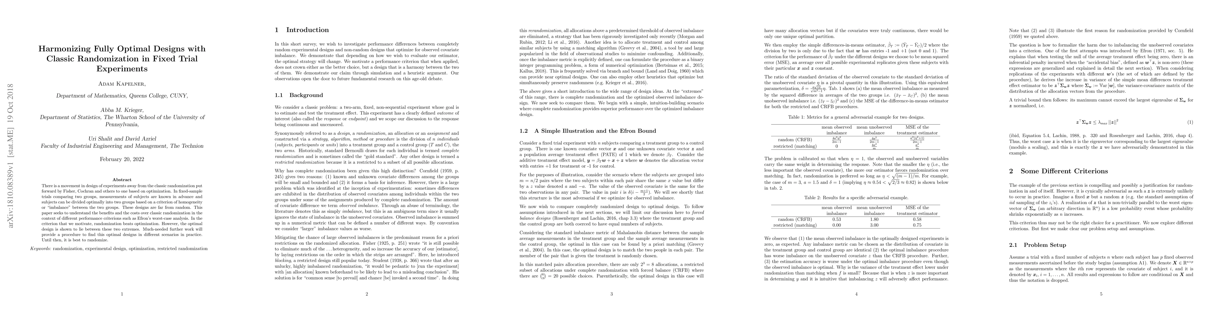 Thumbnail for Harmonizing Fully Optimal Designs with Classic Randomization in Fixed
  Trial Experiments