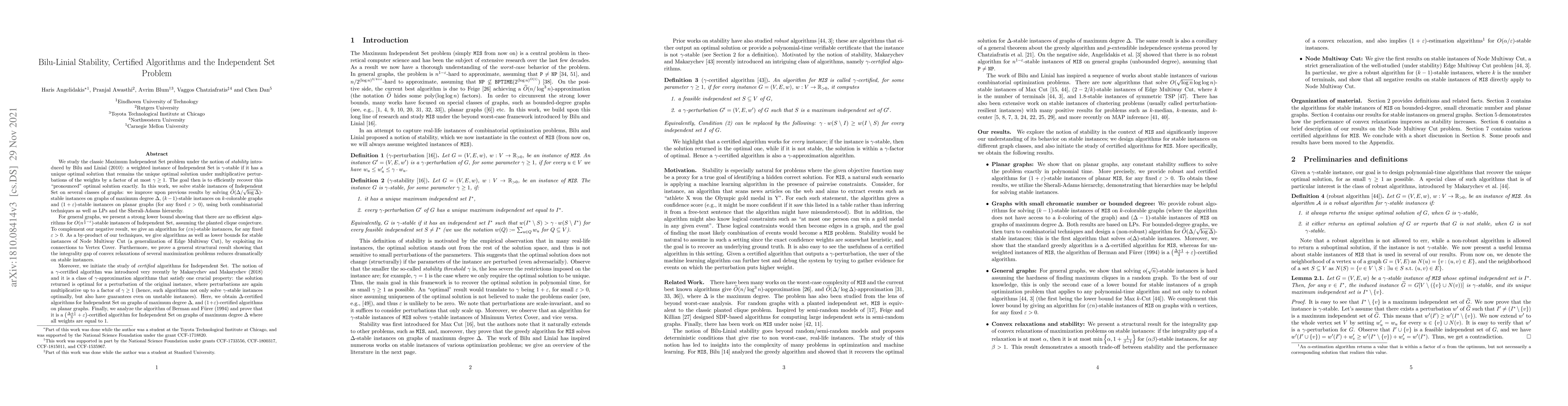 Thumbnail for Bilu-Linial stability, certified algorithms and the Independent Set
  problem