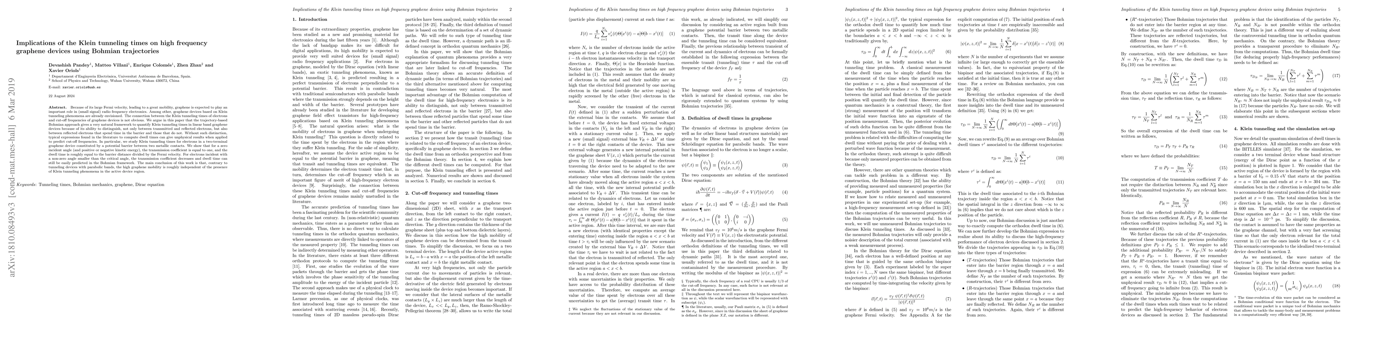 Thumbnail for Implications of the Klein tunneling times on high frequency graphene
  devices using Bohmian trajectories