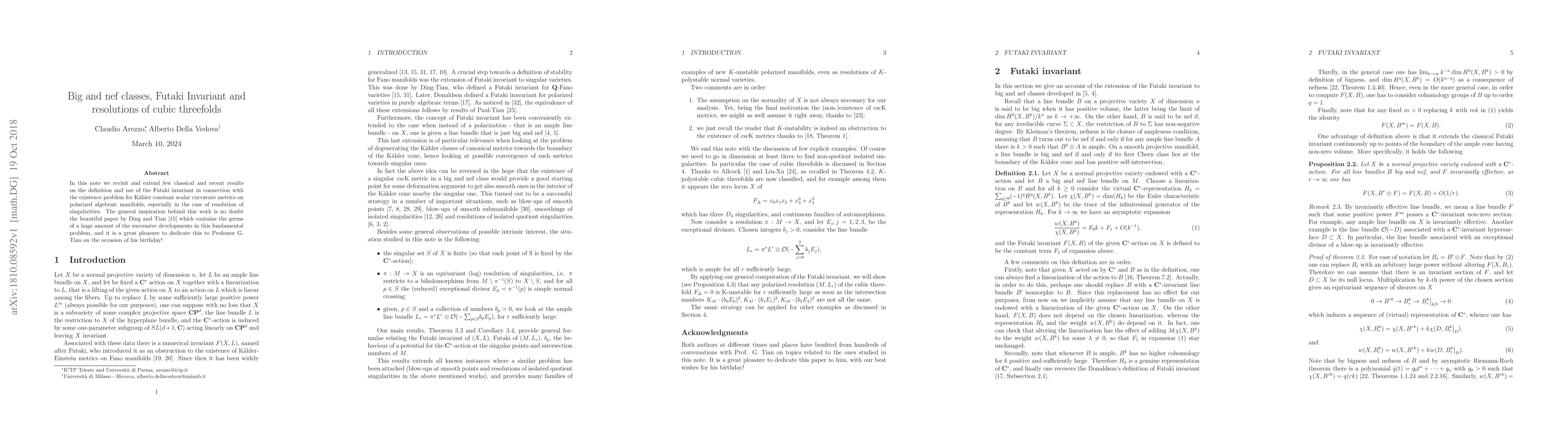 Thumbnail for Big and nef classes, Futaki Invariant and resolutions of cubic
  threefolds