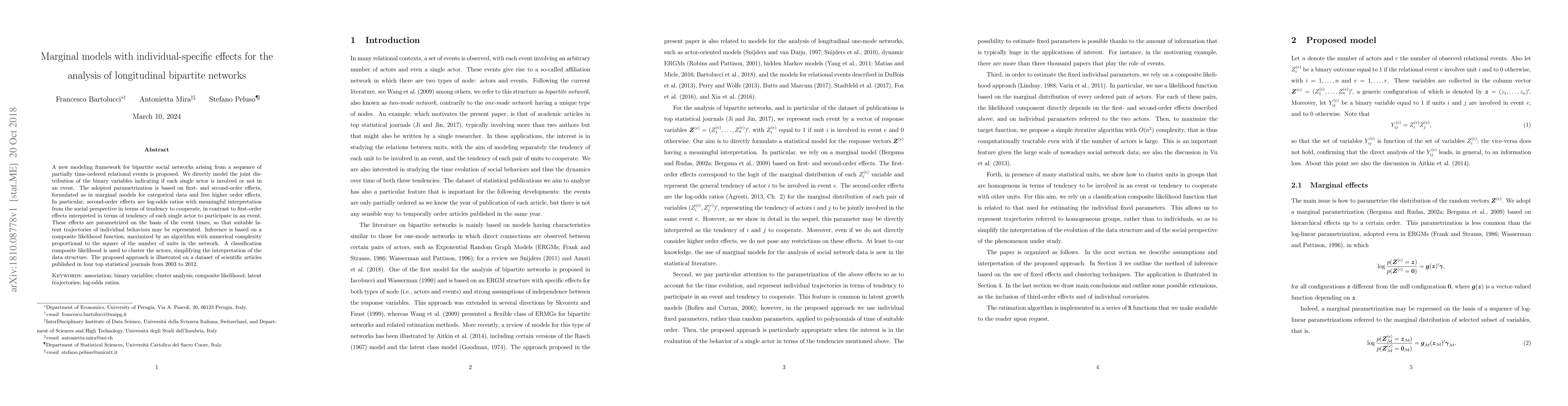 Thumbnail for Marginal models with individual-specific effects for the analysis of
  longitudinal bipartite networks