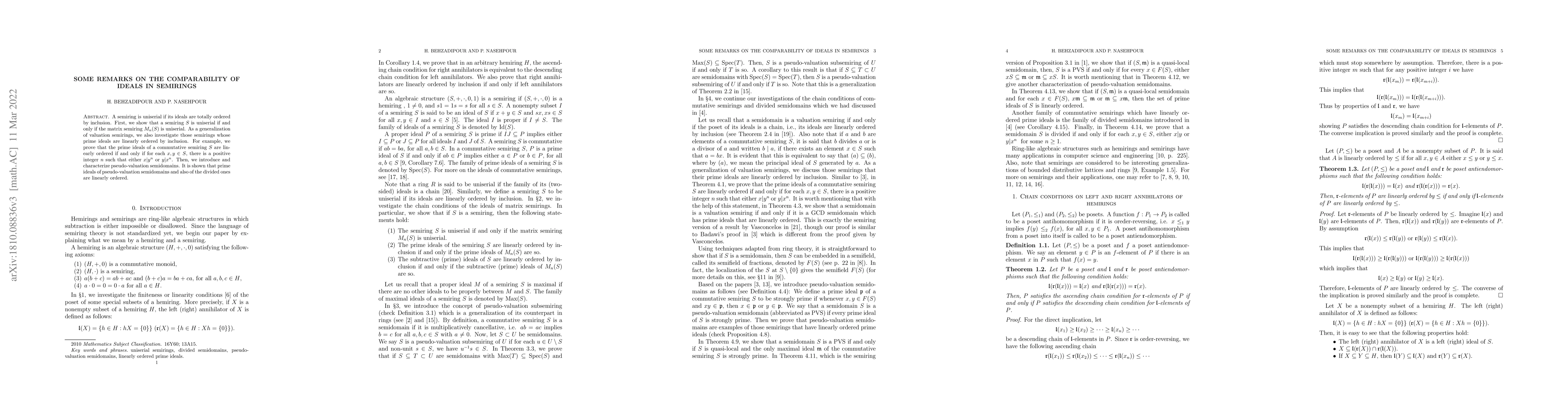 Thumbnail for Some remarks on the comparability of ideals in semirings