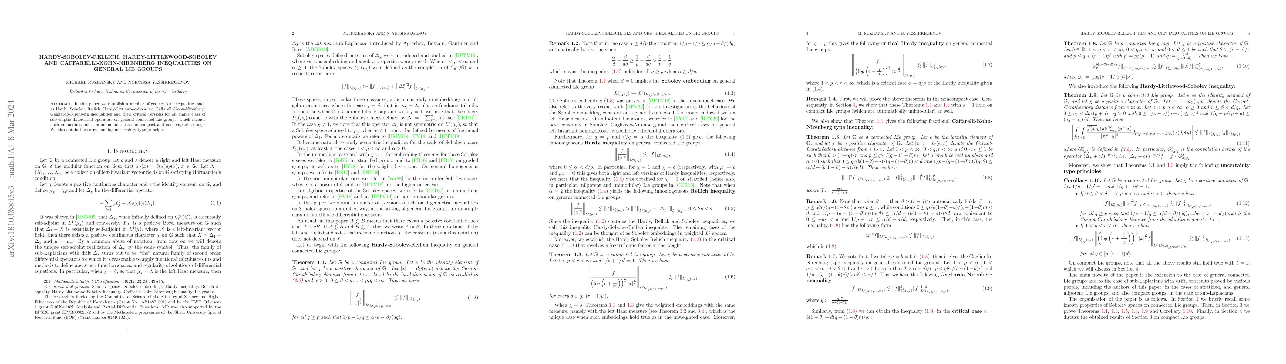 Thumbnail for Hardy-Sobolev-Rellich, Hardy-Littlewood-Sobolev and
  Caffarelli-Kohn-Nirenberg inequalities on general Lie groups