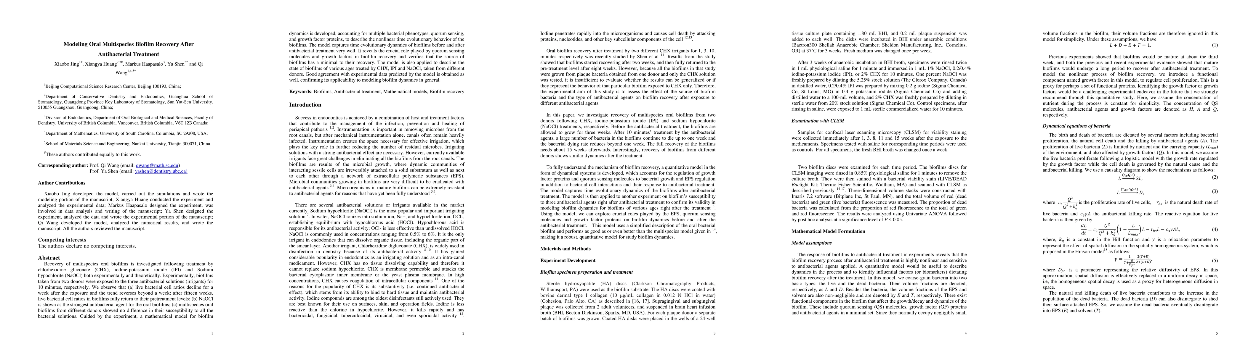 Thumbnail for Modeling Oral Multispecies Biofilm Recovery After Antibacterial
  Treatment