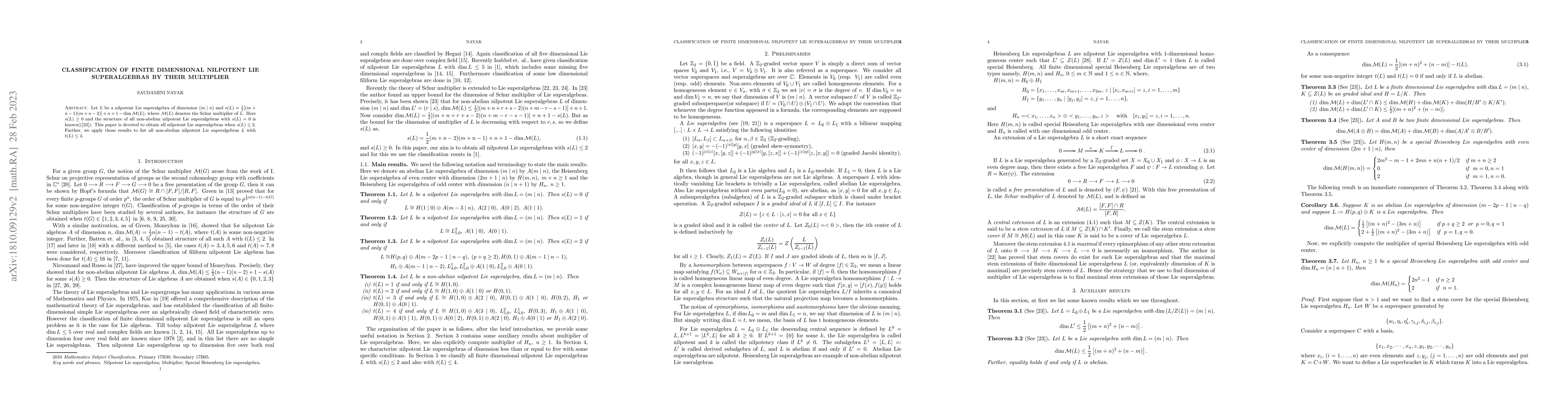Thumbnail for Classification of finite dimensional nilpotent Lie superalgebras by
  their multiplier