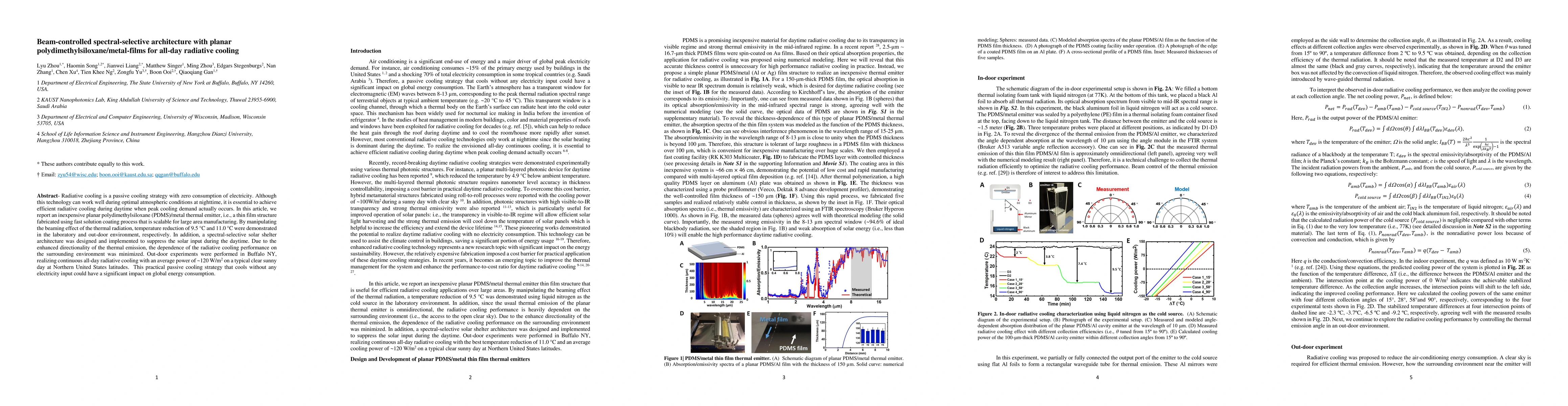 Thumbnail for Beam-controlled spectral-selective architecture with planar
  polydimethylsiloxane/metal-films for all-day radiative cooling