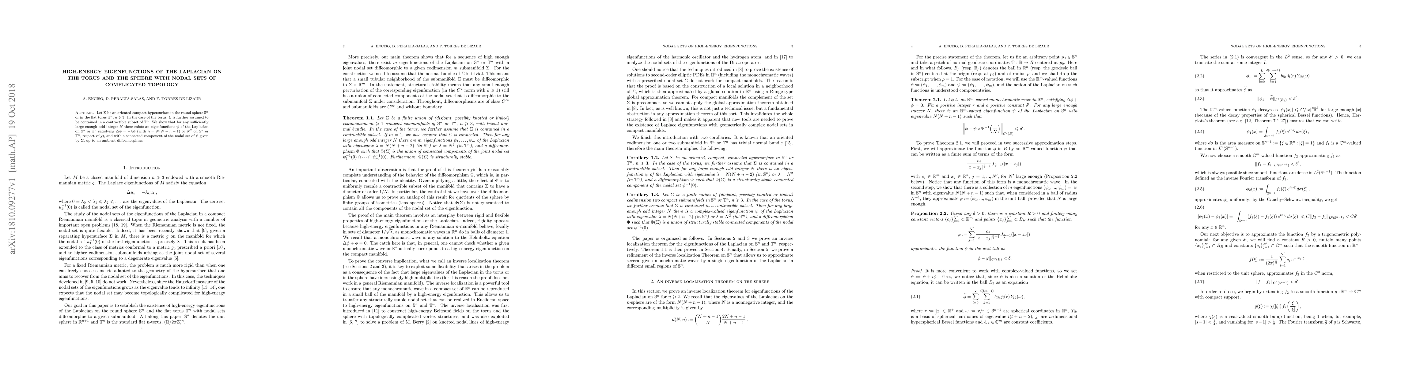 Thumbnail for High-energy eigenfunctions of the Laplacian on the torus and the sphere
  with nodal sets of complicated topology