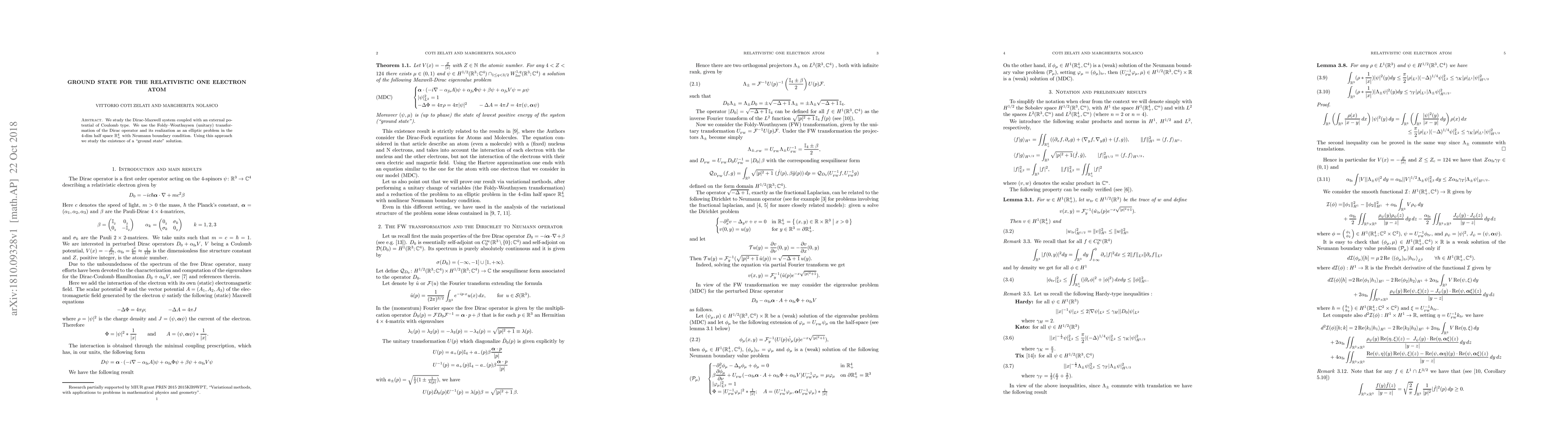 Thumbnail for Ground state for the relativistic one electron atom