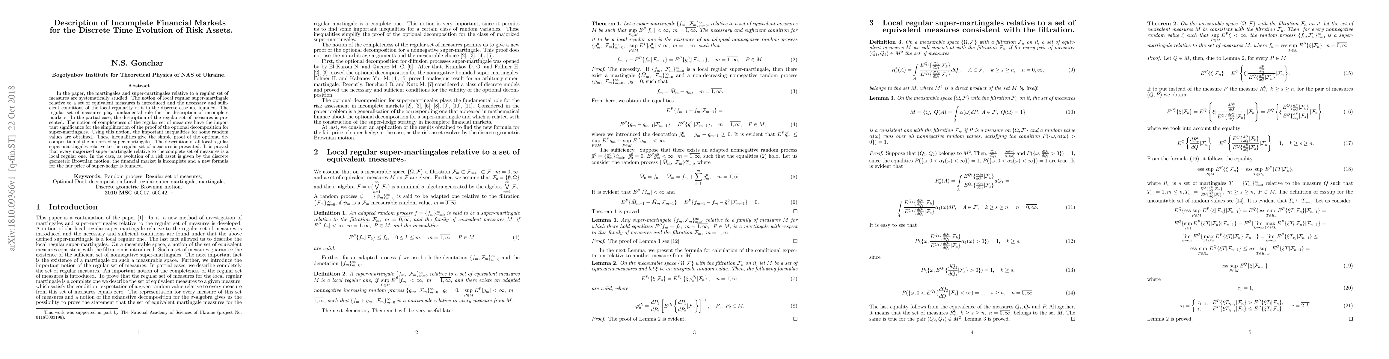 Thumbnail for Description of Incomplete Financial Markets for the Discrete Time
  Evolution of Risk Assets