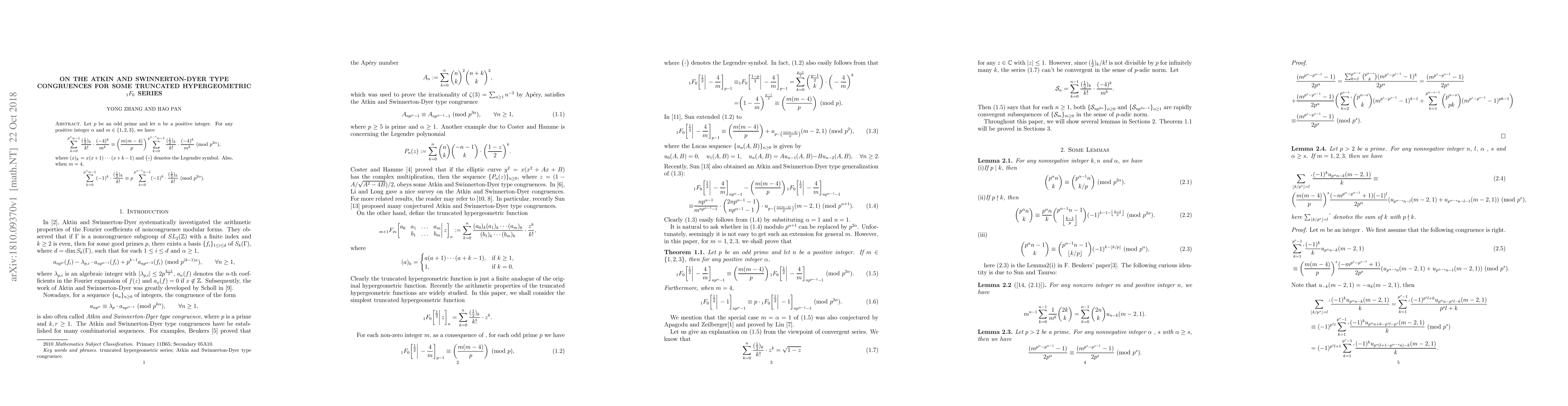 Thumbnail for On the Atkin and Swinnerton-Dyer type congruences for some truncated
  hypergeometric ${}_1F_0$ series