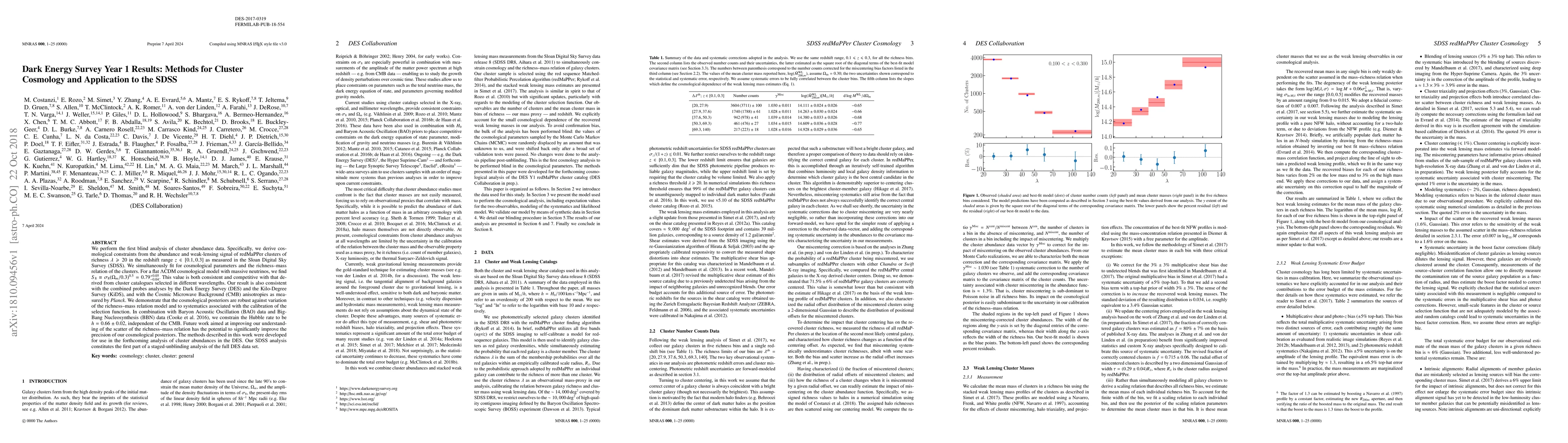 Thumbnail for Dark Energy Survey Year 1 Results: Methods for Cluster Cosmology and
  Application to the SDSS