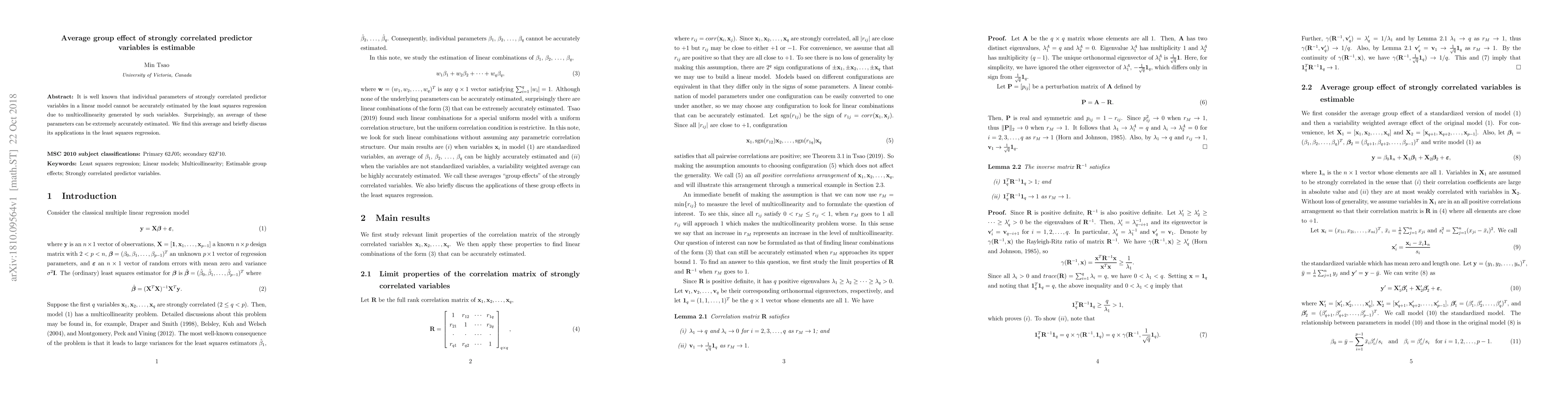 Thumbnail for Average group effect of strongly correlated predictor variables is
  estimable