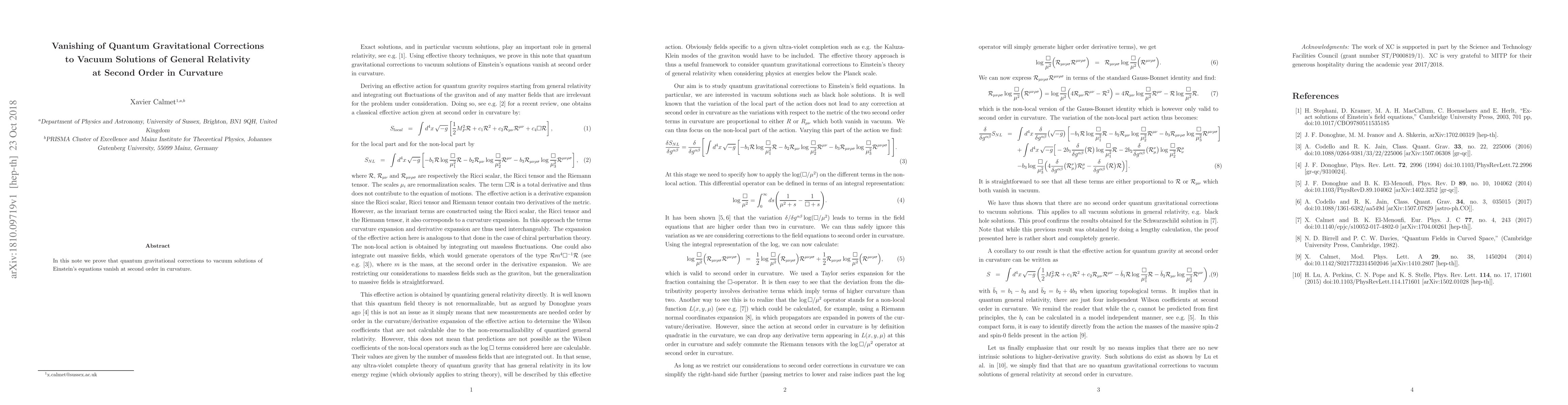 Thumbnail for Vanishing of Quantum Gravitational Corrections to Vacuum Solutions of
  General Relativity at Second Order in Curvature