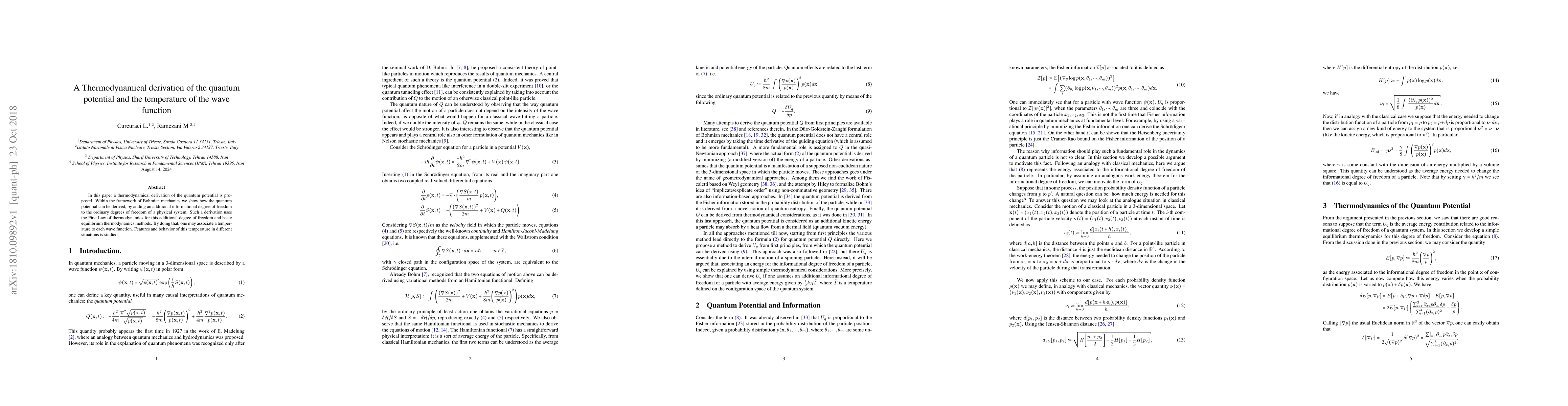Thumbnail for A Thermodynamical derivation of the quantum potential and the
  temperature of the wave function