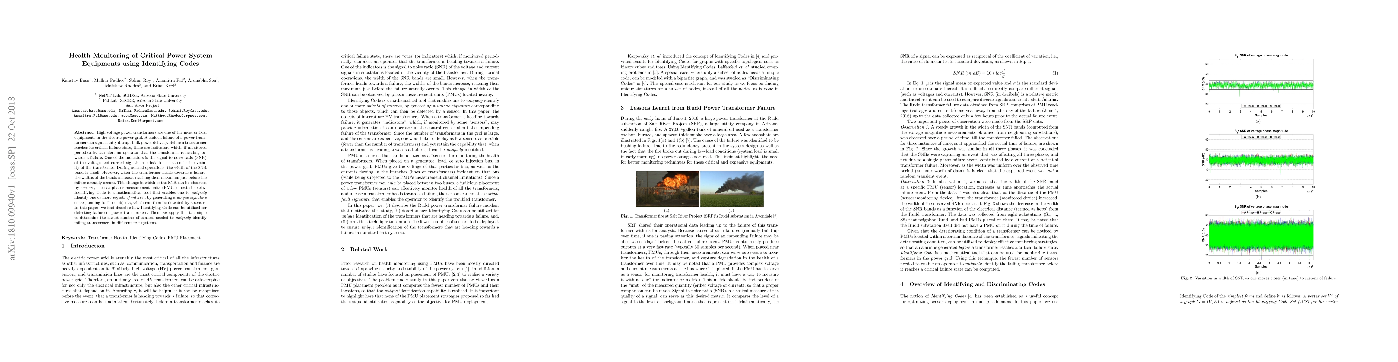 Thumbnail for Health Monitoring of Critical Power System Equipments using Identifying
  Codes
