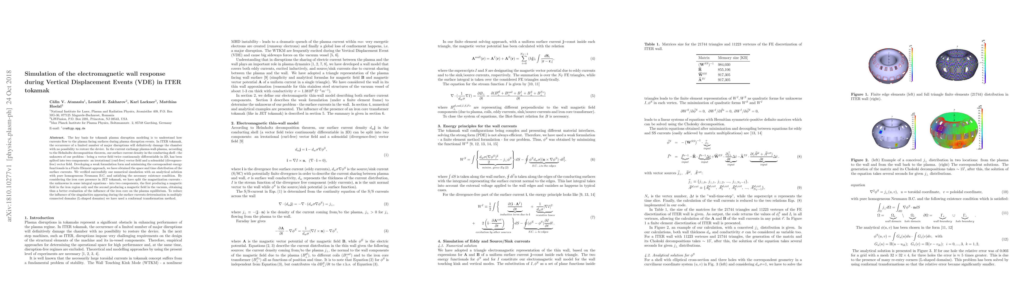 Thumbnail for Simulation of the electromagnetic wall response during Vertical
  Displacement Events (VDE) in ITER tokamak