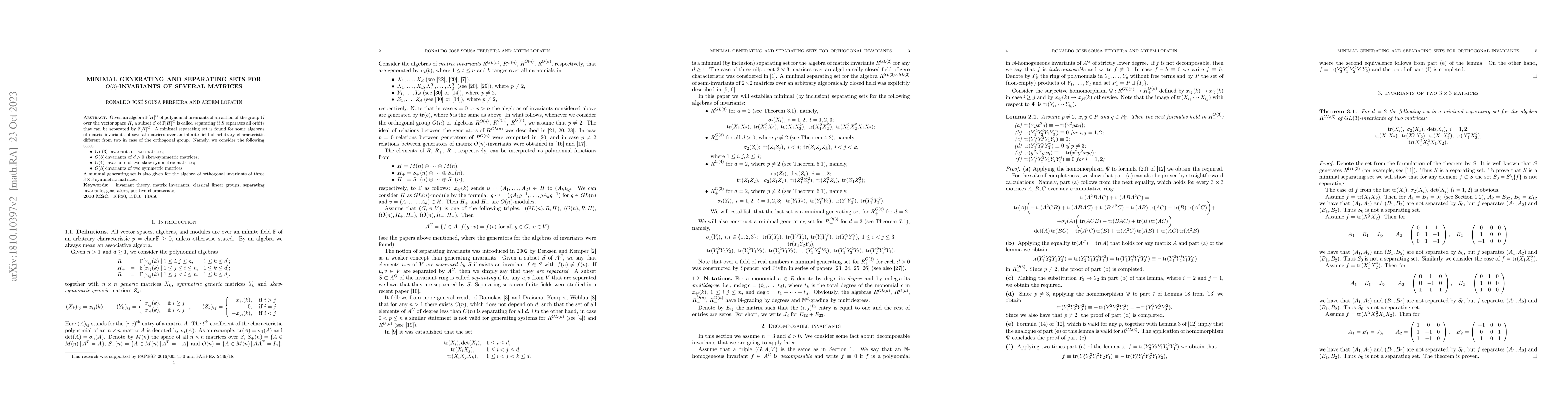Thumbnail for Minimal generating and separating sets for O(3)-invariants of several
  matrices