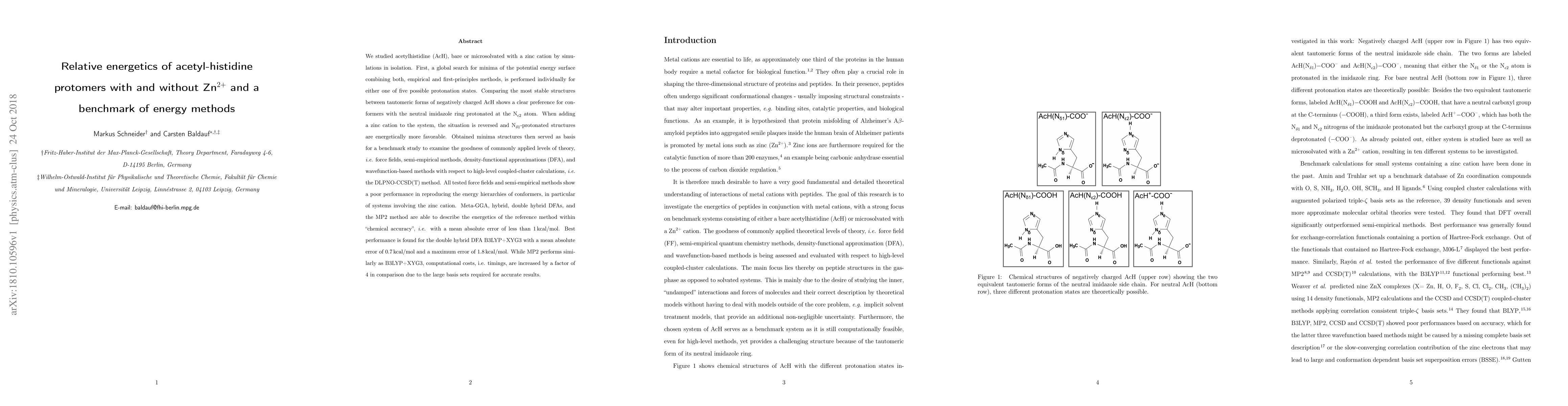 Thumbnail for Relative energetics of acetyl-histidine protomers with and without Zn2+
  and a benchmark of energy methods