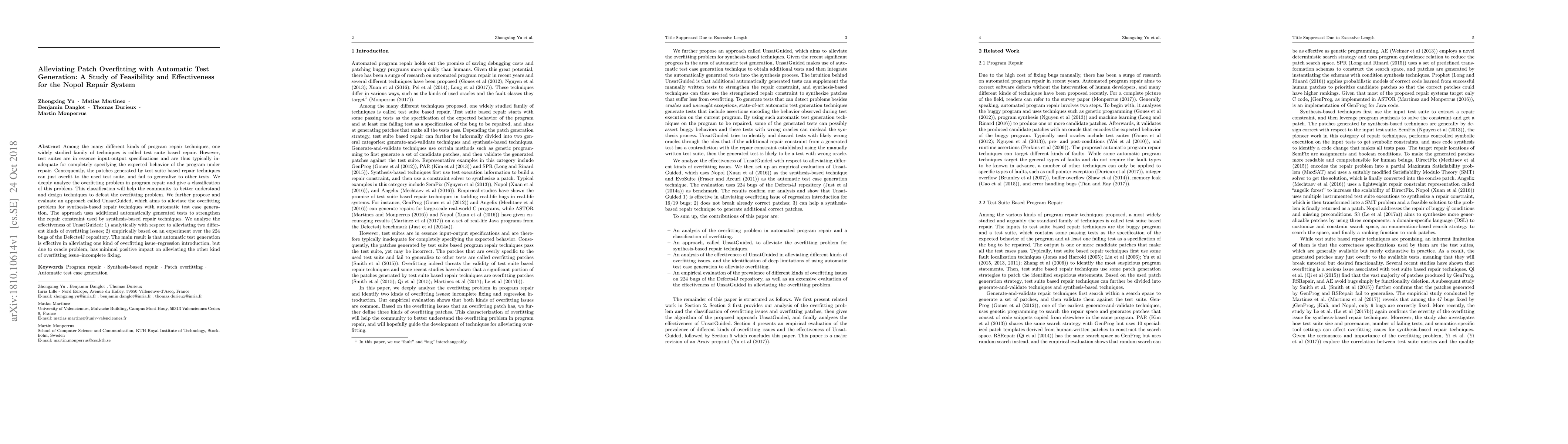Thumbnail for Alleviating Patch Overfitting with Automatic Test Generation: A Study of
  Feasibility and Effectiveness for the Nopol Repair System