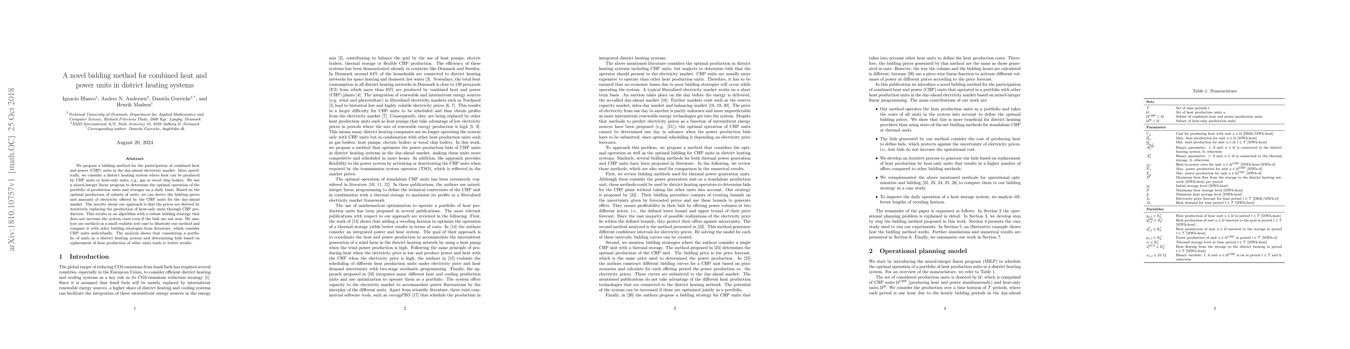 Thumbnail for A novel bidding method for combined heat and power units in district
  heating systems