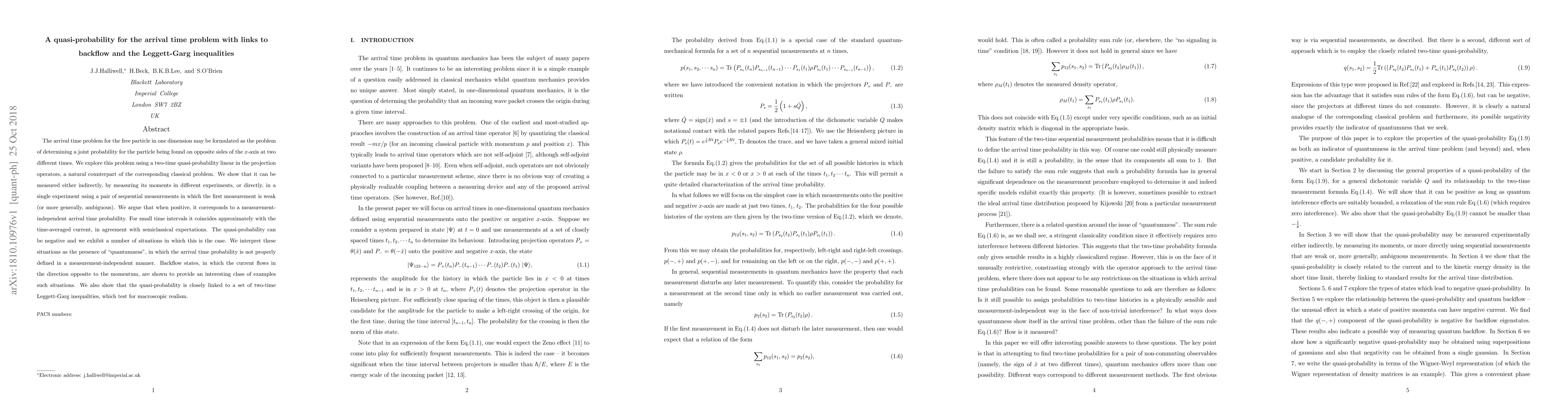 Thumbnail for A quasi-probability for the arrival time problem with links to backflow
  and the Leggett-Garg inequalities