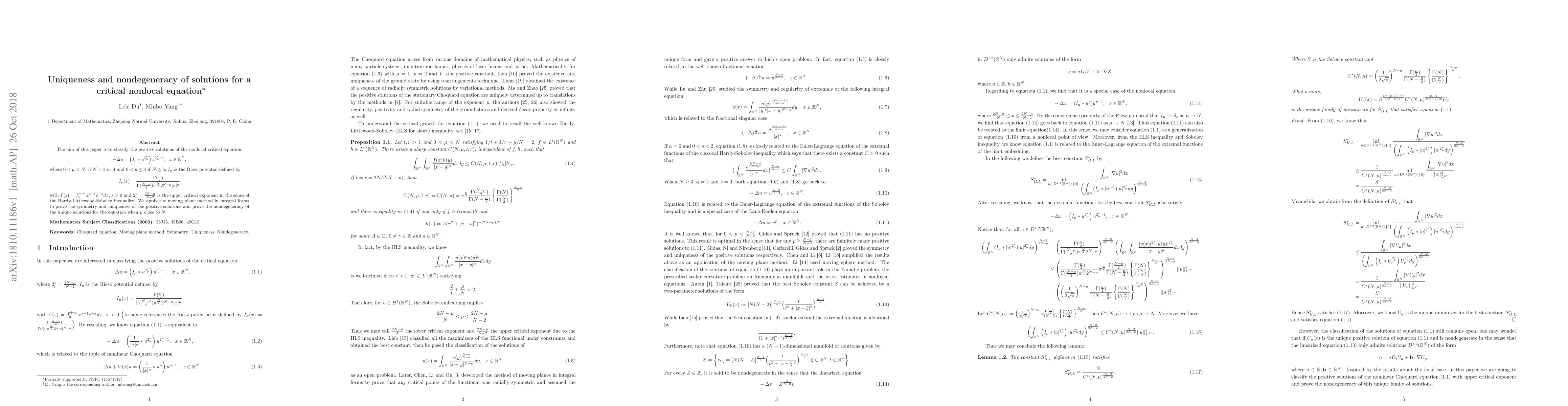 Thumbnail for Uniqueness and nondegeneracy of solutions for a critical nonlocal
  equation