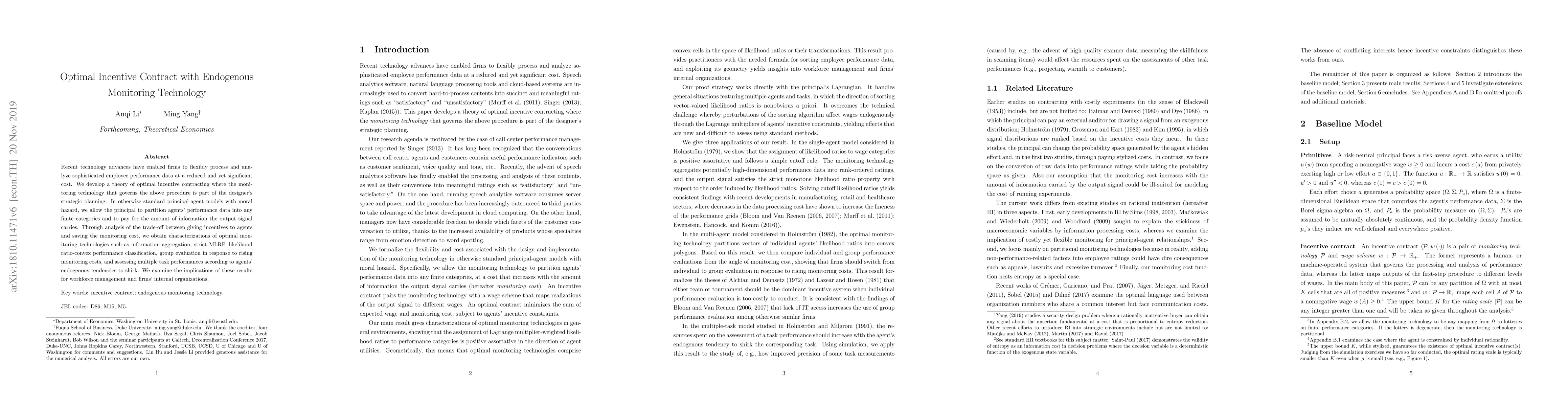 Thumbnail for Optimal Incentive Contract with Endogenous Monitoring Technology