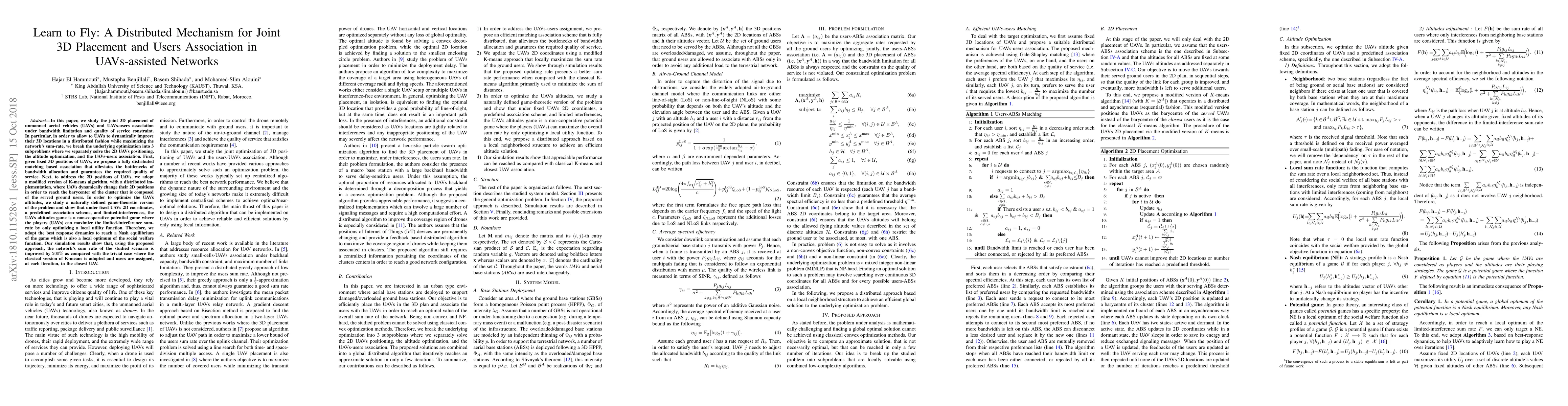 Thumbnail for Learn to Fly: A Distributed Mechanism for Joint 3D Placement and Users
  Association in UAVs-assisted Networks