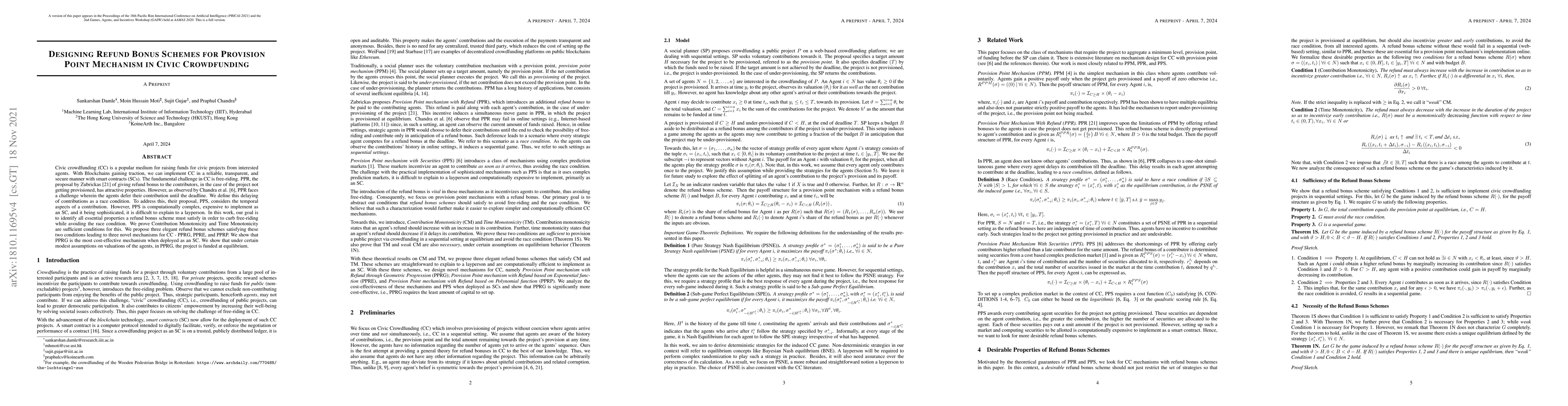 Thumbnail for Designing Refund Bonus Schemes for Provision Point Mechanism in Civic
  Crowdfunding