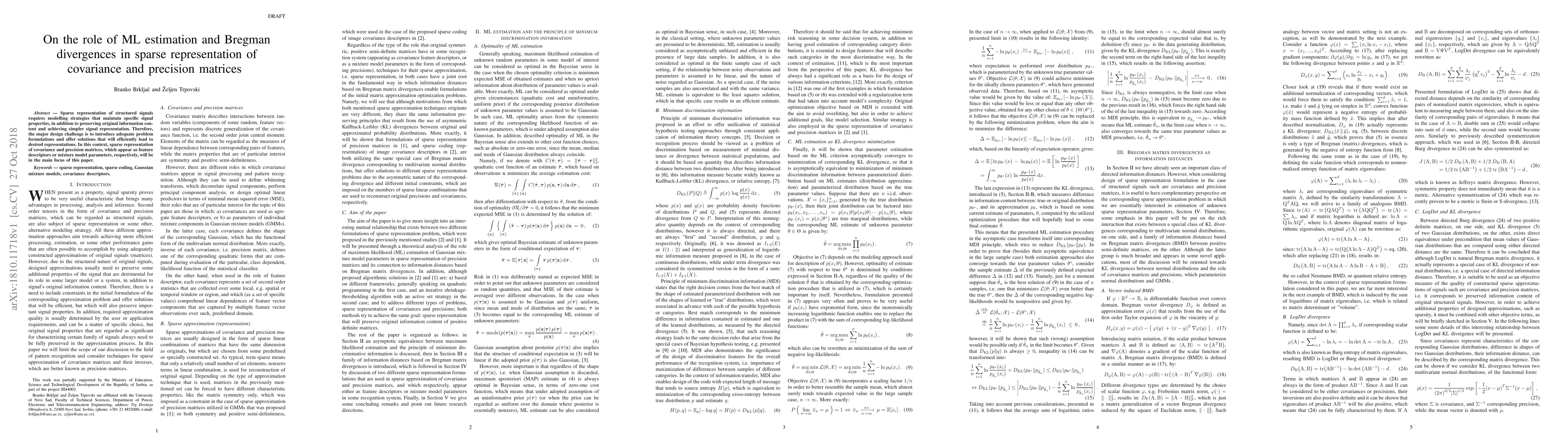 Thumbnail for On the role of ML estimation and Bregman divergences in sparse
  representation of covariance and precision matrices