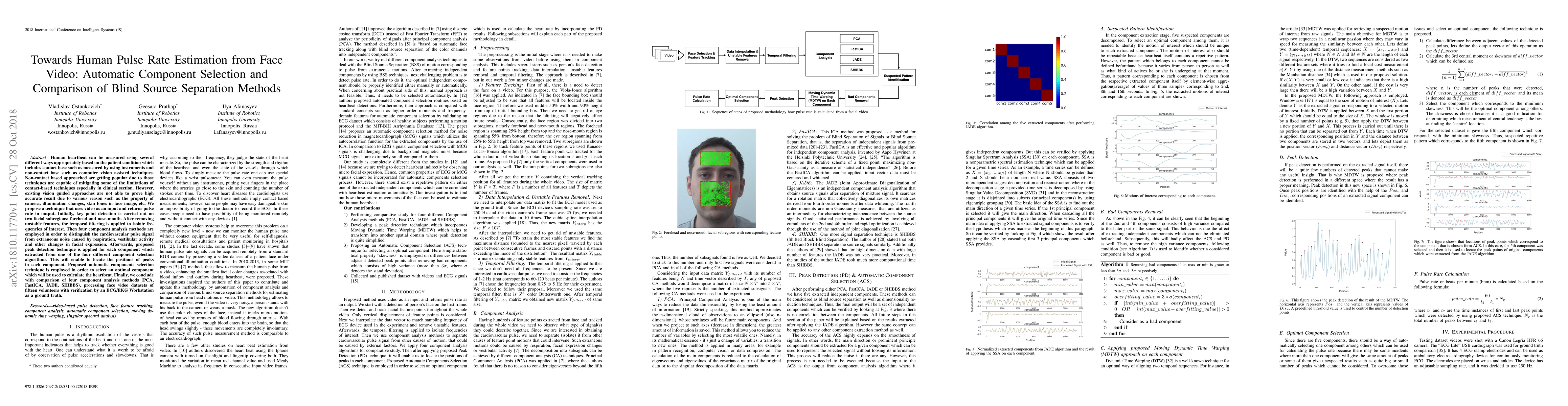 Thumbnail for Towards Human Pulse Rate Estimation from Face Video: Automatic Component
  Selection and Comparison of Blind Source Separation Methods