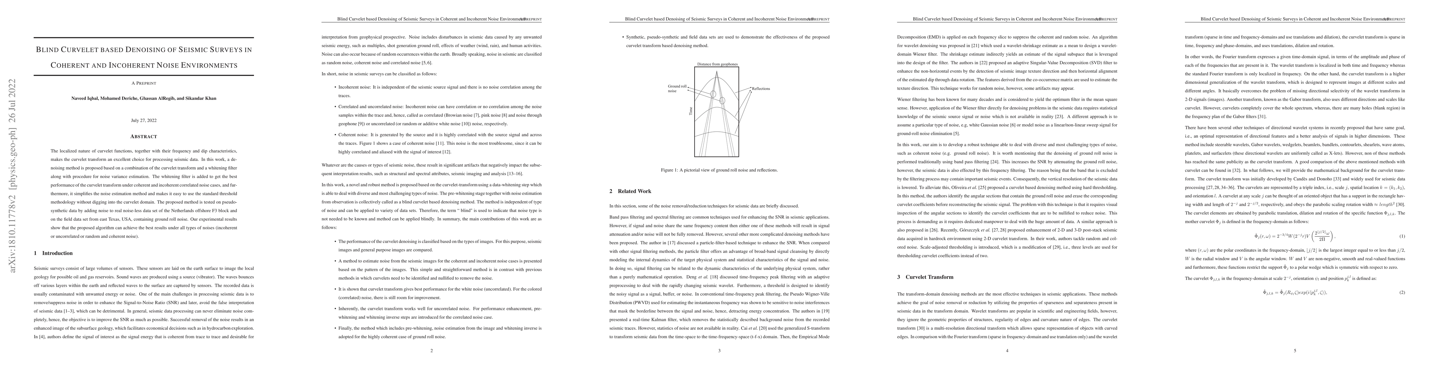 Thumbnail for Blind Curvelet based Denoising of Seismic Surveys in Coherent and
  Incoherent Noise Environments