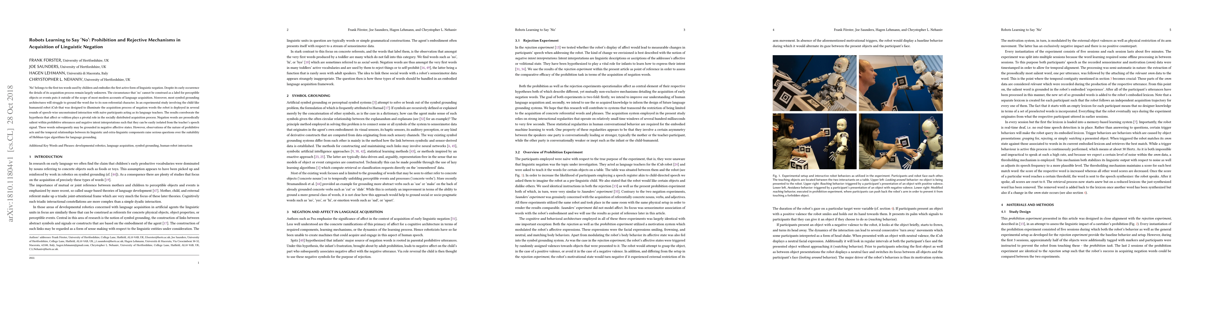 Thumbnail for Robots Learning to Say `No': Prohibition and Rejective Mechanisms in
  Acquisition of Linguistic Negation