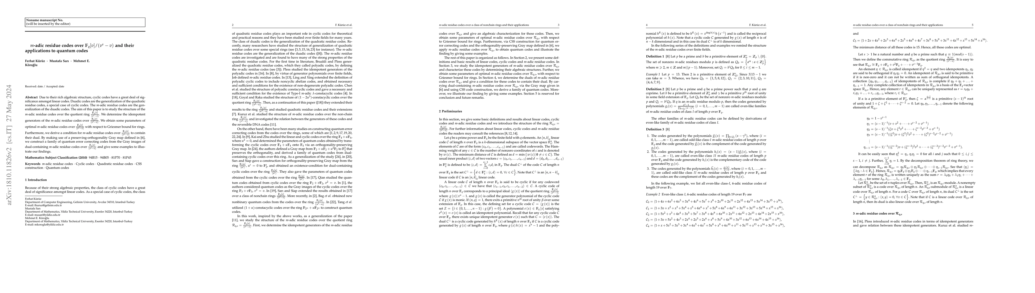 Thumbnail for $m$-adic residue codes over $\mathbb{F}_q[v]/(v^s-v)$ and their
  application to quantum codes