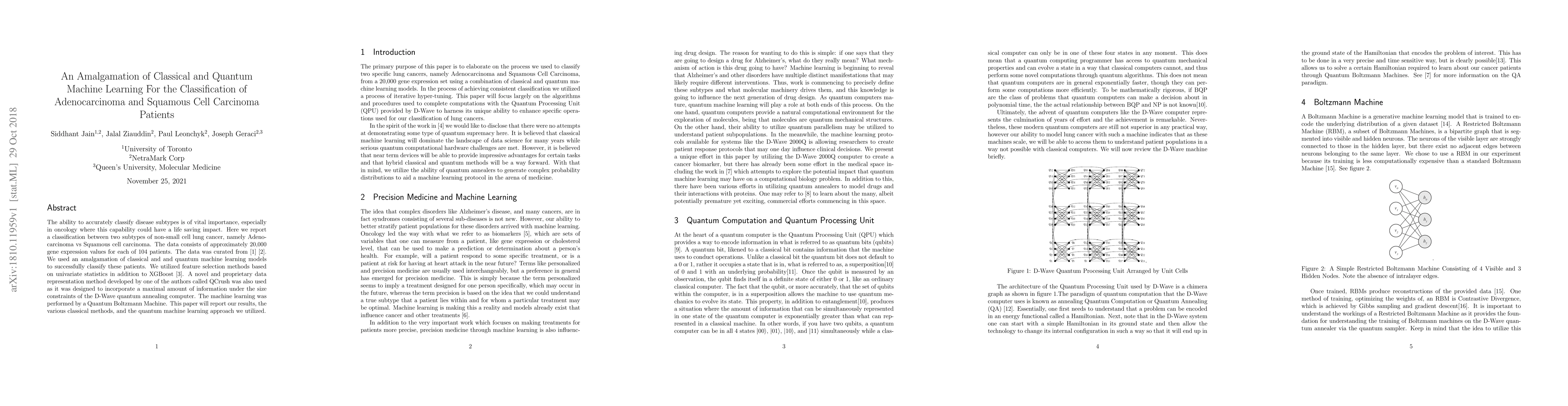 Thumbnail for An Amalgamation of Classical and Quantum Machine Learning For the
  Classification of Adenocarcinoma and Squamous Cell Carcinoma Patients