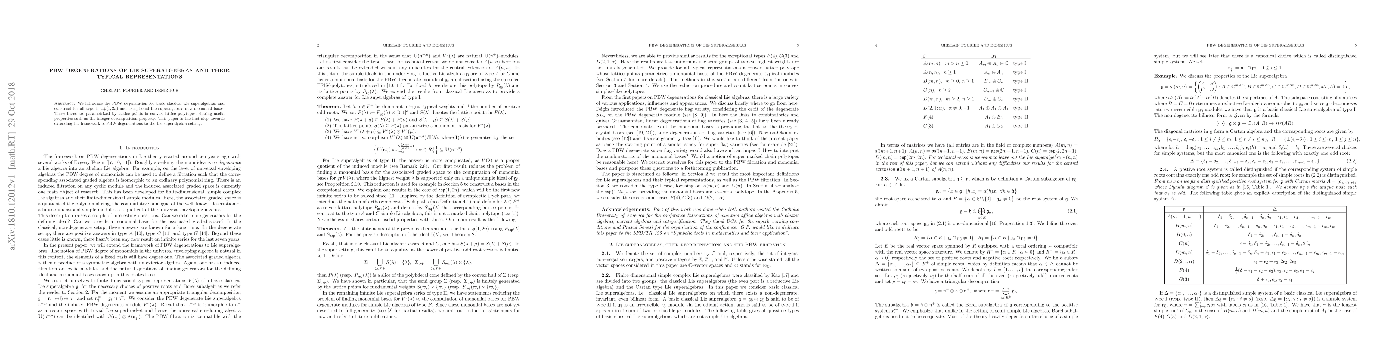 Thumbnail for PBW degenerations of Lie superalgebras and their typical representations