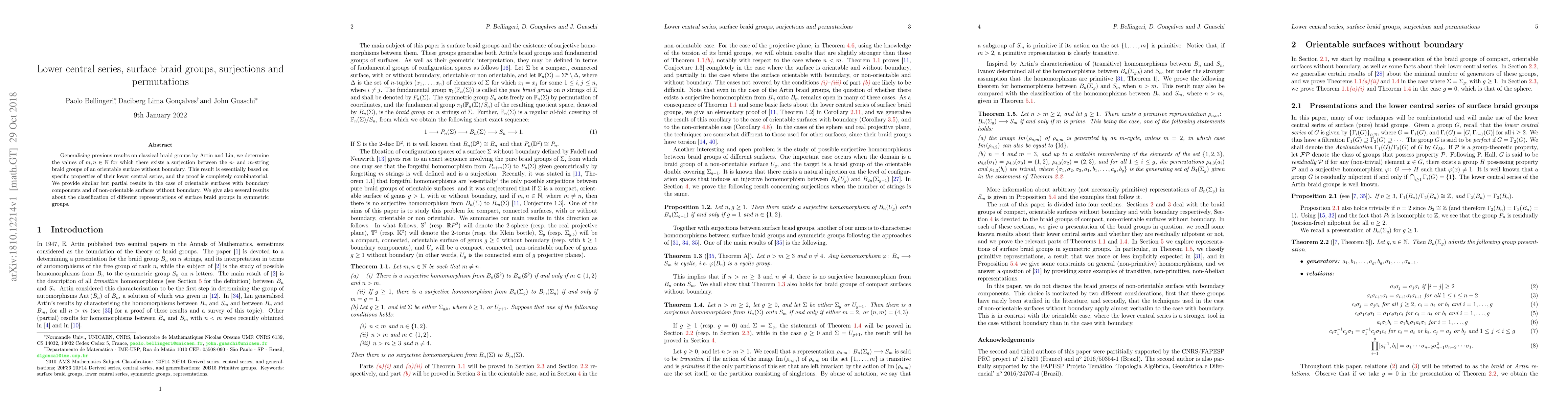 Thumbnail for Lower central series, surface braid groups, surjections and permutations